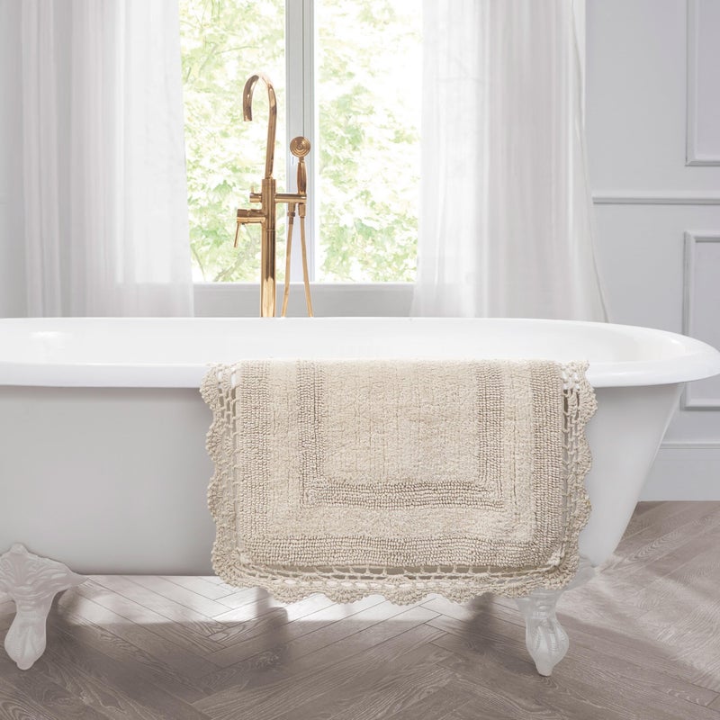 Laura Ashley Absorbent Bath Mat Reversible Crochet Soft and Plush Bathroom Mat 100% Cotton21x34 Bath Rug, Linen - Image 5